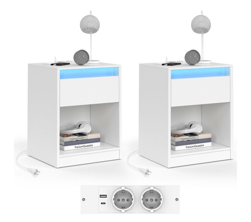 Lot De 2 Tables De Chevet Ted à LEDs Avec Station De Recharge 1 Tiroir Et Niche