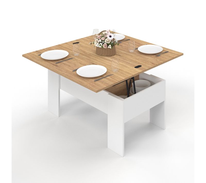 Table Basse Rectangulaire Plateau Relevable Convertible En Table à Manger Tara Bois Blanc Et Imitati
