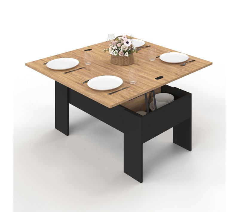 Table Basse Plateau Relevable Rectangulaire Convertible En Table à Manger Tara 100 Cm Bois Noir Et I
