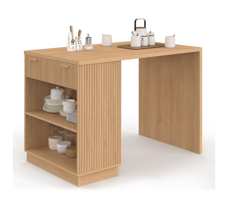 Ilot Central Mange-debout 4 Personnes Juliette 130 Cm Lattes Tasseau Bois Coloris Chêne