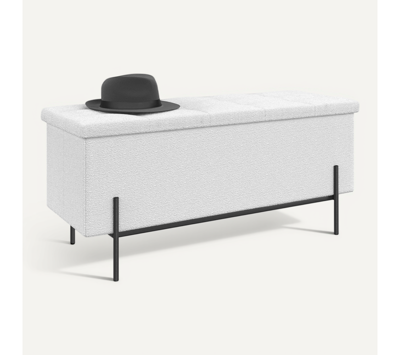Banc Coffre Rangement Louis Pieds Métal Noir 100 Cm Tissu Bouclette Blanc
