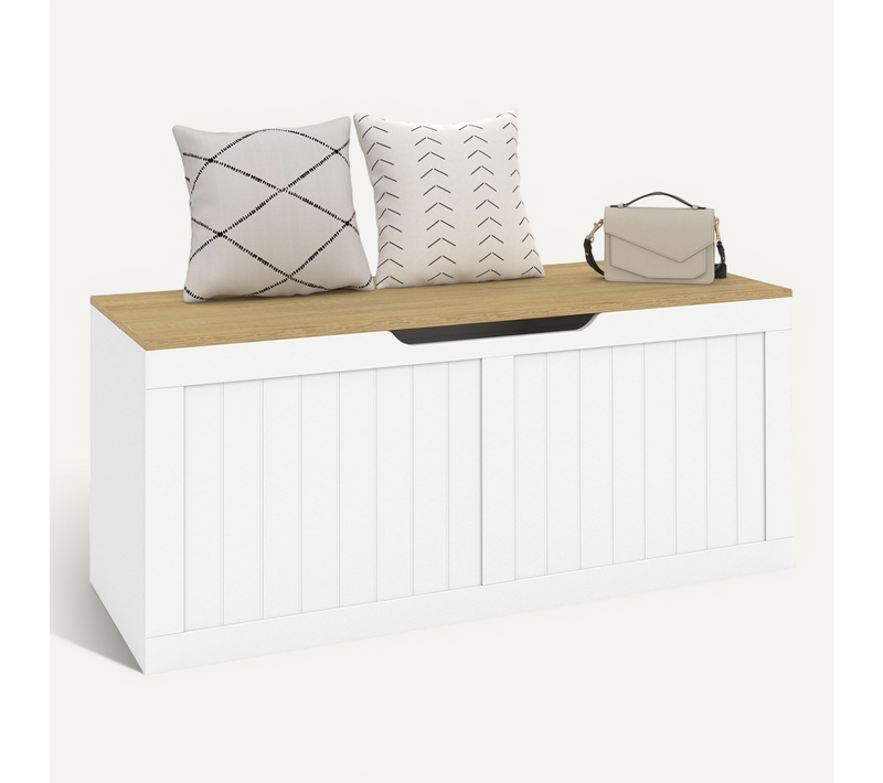 Banc Coffre Rangement 100 Cm Leon Bois Et Blanc