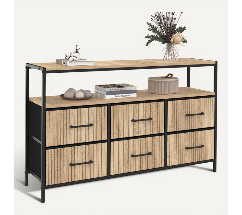Commode 6 Tiroirs En Tissu Utah 115 Cm Avec Niche Effet Lattes Meuble De Rangement Design Industriel