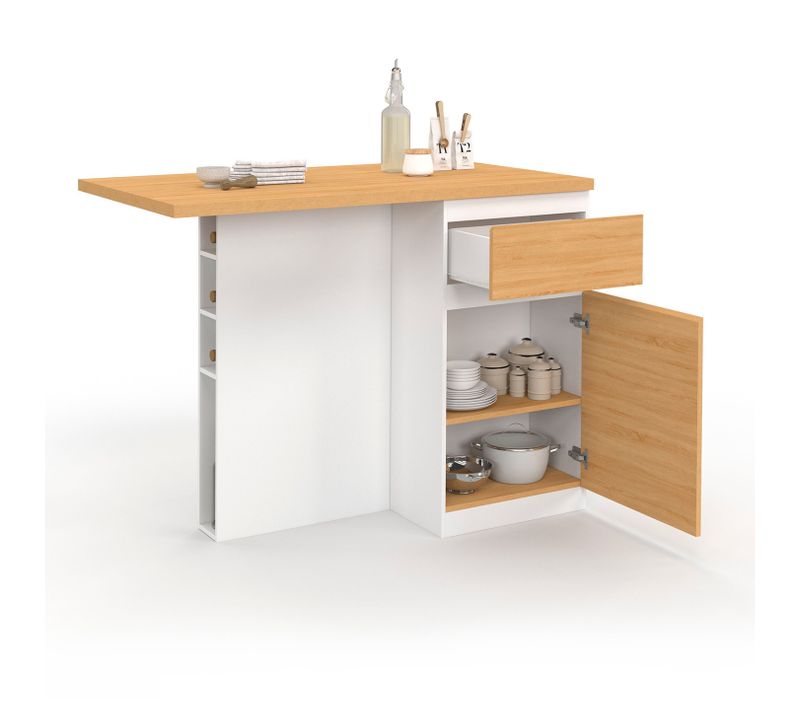 Ilot Central Tino 120 Cm Avec Range-bouteilles 4 Personnes Bois Blanc Avec Plan De Travail Façon Hêt