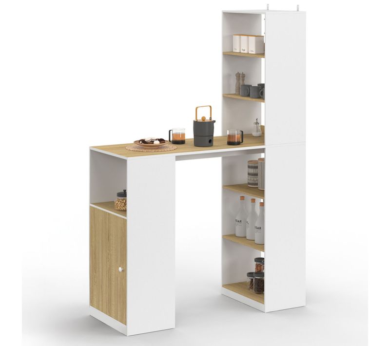 Table De Bar Lung Avec Rangements Et Placard 2 Personnes Blanc Et Bois