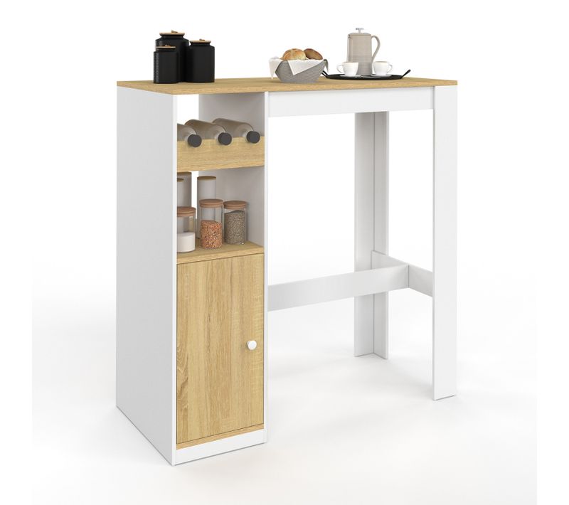 Table De Bar Ameri Avec Placard Et Range Bouteilles 2 Personnes Bois Et Blanc