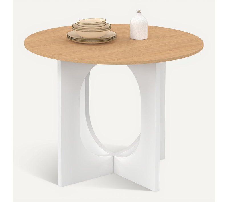 Table à Manger Fixe Ronde Aloise 4 Personnes Pied Arc Blanc Et Bois 80 Cm