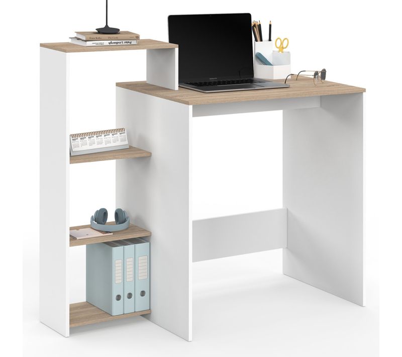 Bureau Avec étagères Modulables Latérales Lilian Bois Façon Hêtre Et Blanc