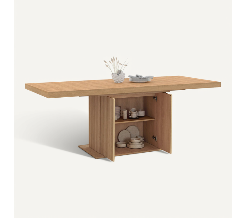 Table à Manger Extensible Rectangle Juliette 6-10 Personnes Pied Central Effet Lattes Avec Rangement