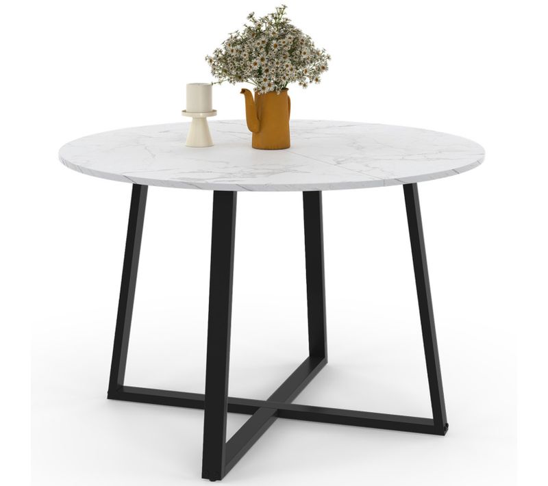 Table à Manger Fixe Ronde Selma 4-6 Personnes Plateau Effet Marbre Blanc Alaska Et Noir 110 Cm