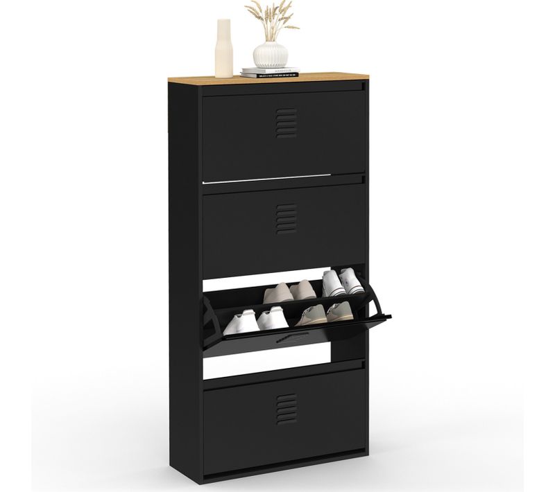 Meuble à Chaussures 24 Paires Maxi Capacité Ester 4 Portes Métal Noir Et Plateau Façon Hêtre Design
