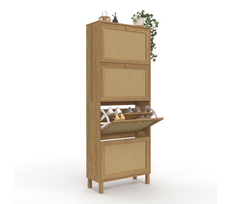 Meuble à Chaussures 24 Paires Hanae 4 Portes Effet Naturel Cannage