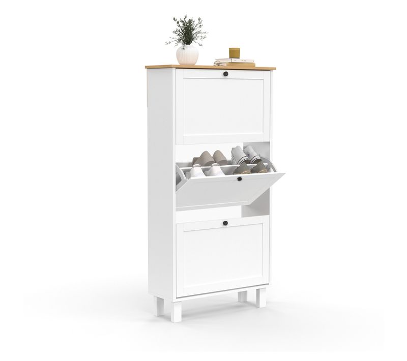 Meuble à Chaussures 18 Paires Achille 3 Portes Blanc Et Plateau Bois