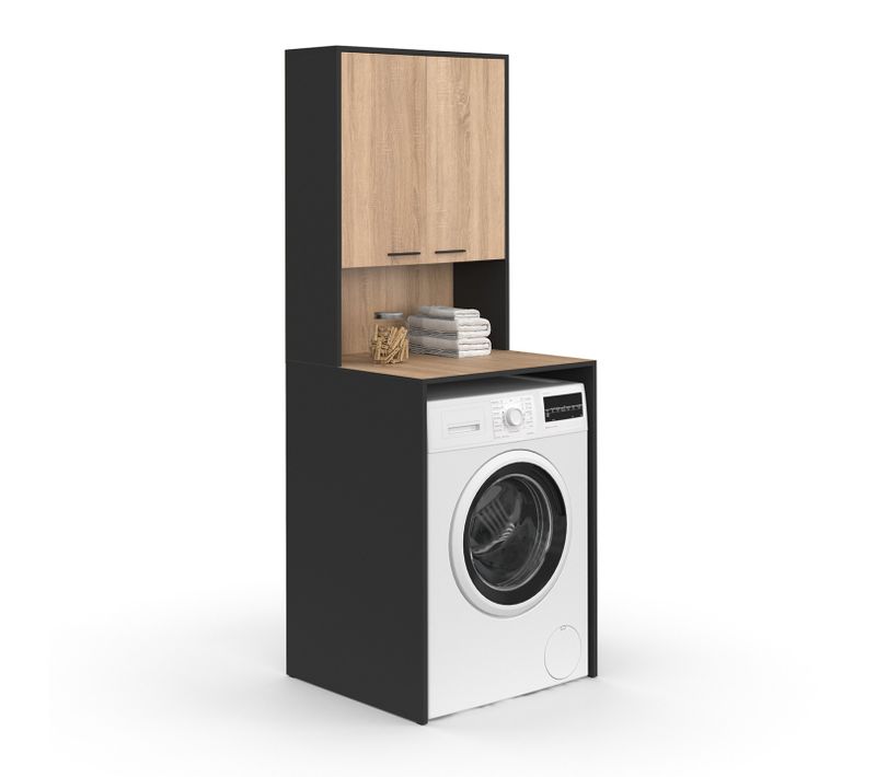 Meuble Dessus De Machine à Laver Wallis Avec Placard Noir Et Bois Façon Hêtre