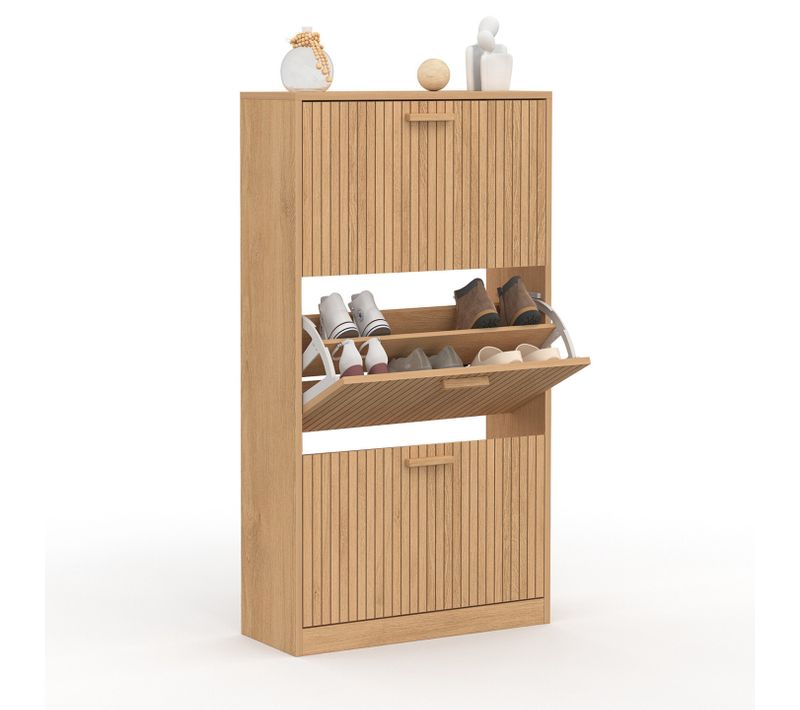Meuble à Chaussures 18 Paires Juliette 3 Portes Lattes Tasseau Bois Coloris Chêne