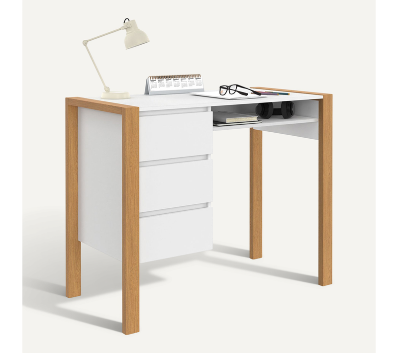 Bureau Scandinave Hugo Avec 3 Tiroirs Et Niche - Blanc Et Bois