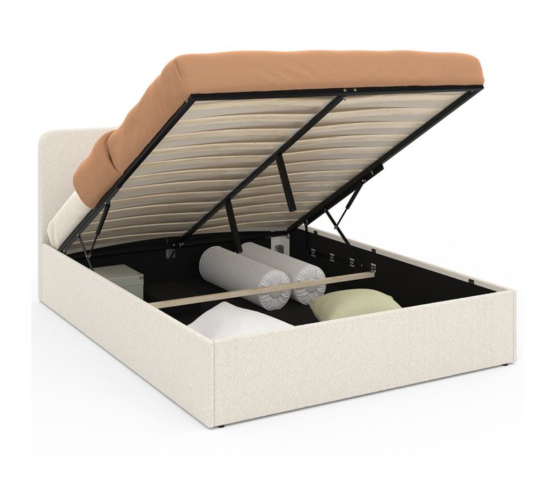 Lit Coffre Double Bradford Avec Tête De Lit Et Sommier 140 X 190 Cm Tissu Bouclette