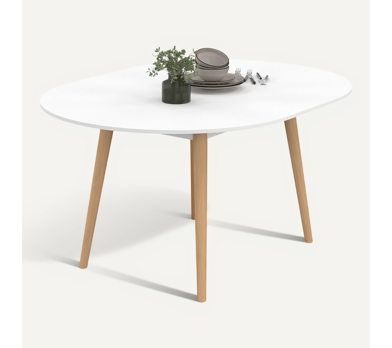 Table à Manger Extensible Ronde Angela 4-8 Personnes Blanc Pied Bois 110 - 150 Cm