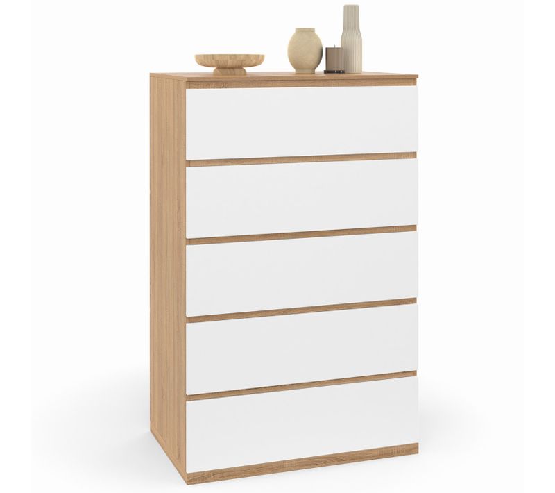 Chiffonnier 5 Tiroirs Tomi 60 Cm Commode Semainier Bois Façon Hêtre Et Blanc