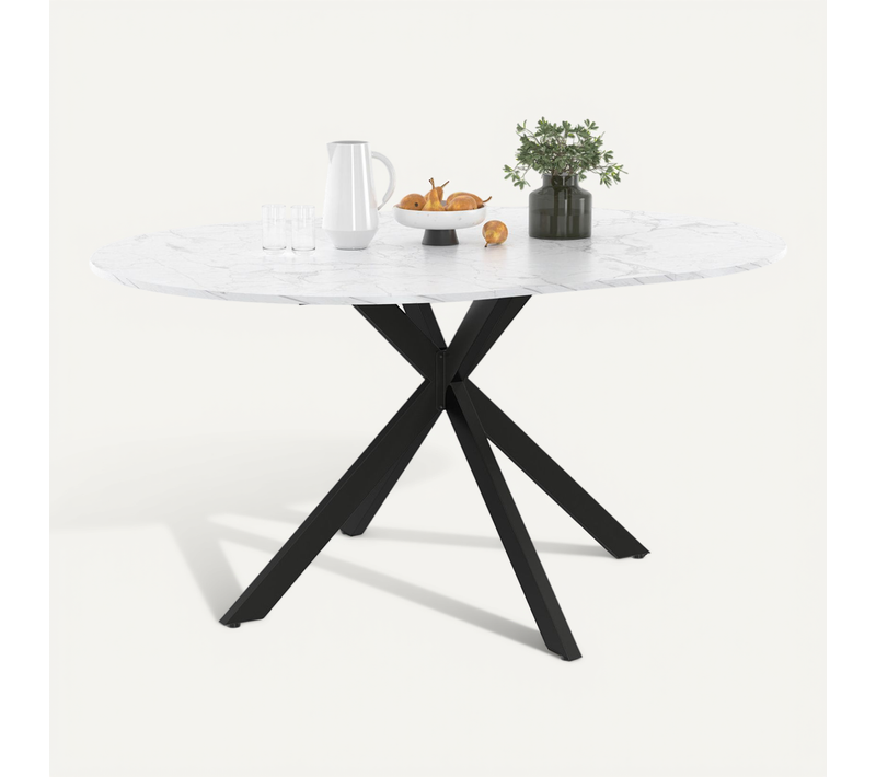 Table à Manger Extensible Ronde Alix 4-8 Personnes Pied Araignée Noir Plateau Effet Marbre Blanc Ala