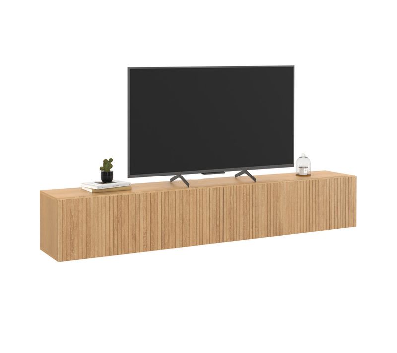 Meuble TV 180 Cm Suspendu Juliette Lattes Tasseau Bois Coloris Chêne