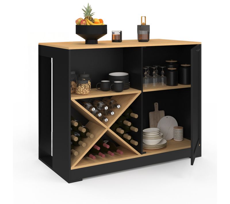 Table De Bar Îlot Vito 113 Cm Avec Range Bouteilles Bois Noir Et Plateau Façon Hêtre