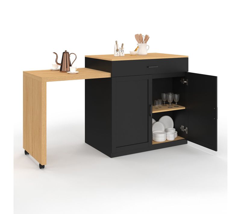 Ilot Central Vito 94-155 Cm Bois Noir Avec Table à Manger Extensible Intégrée Façon Hêtre
