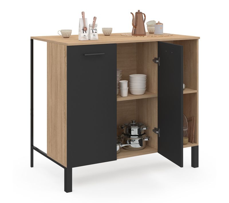 Table De Bar Îlot Cina 100 Cm Bois Noir Et Plateau Façon Hêtre