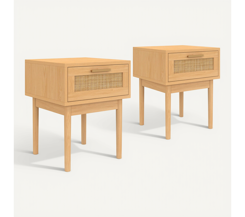 Lot De 2 Tables De Chevet Robert 1 Tiroir Effet Naturel Cannage Et Bois