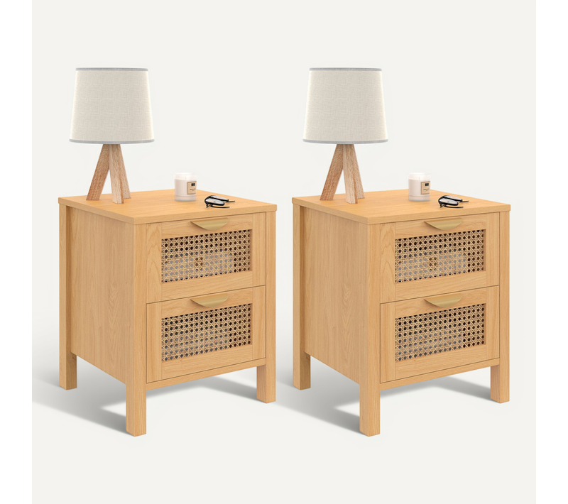 Lot De 2 Tables De Chevet Edhen 2 Tiroirs Cannage Et Bois
