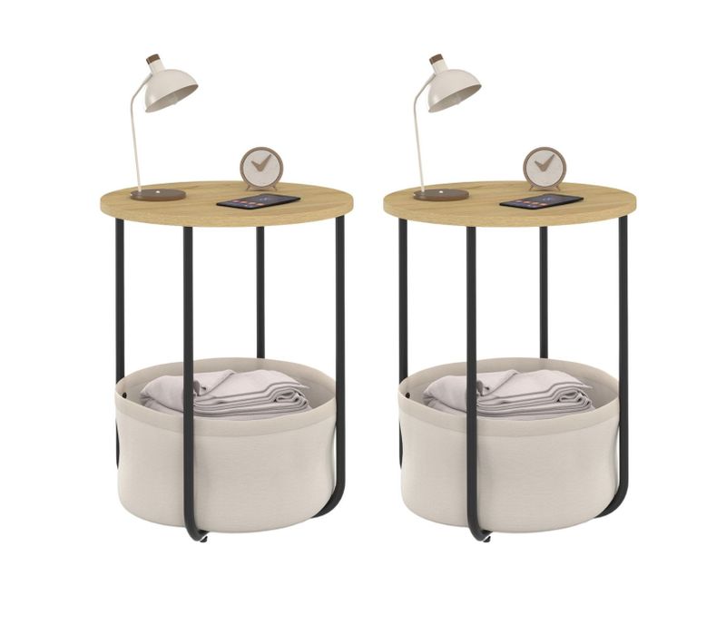 Lot De 2 Tables De Chevet, Tables D'appoint, Bout De Canapé Detroit Rondes Avec Panier En Tissu Desi