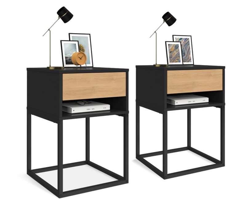 Lot De 2 Tables De Chevet Ernest 1 Tiroir Et 1 Niche Noir Et Façon Hêtre