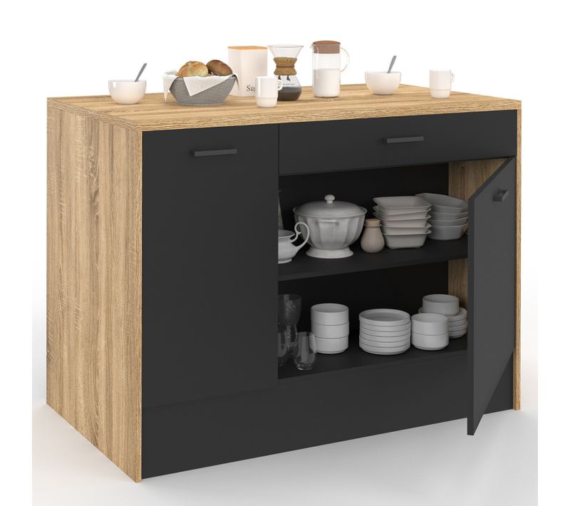 Ilot Central Lio 120 Cm Maxi Capacité De Rangement Bois Et Noir