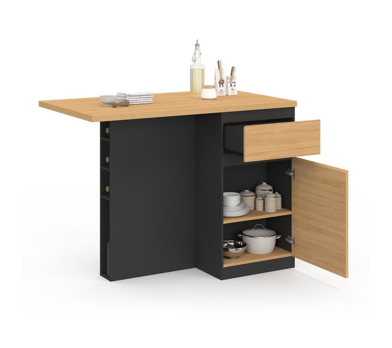 Ilot Central Tino 120 Cm Avec Range-bouteilles 4 Personnes Bois Noir Avec Plan De Travail Façon Hêtr