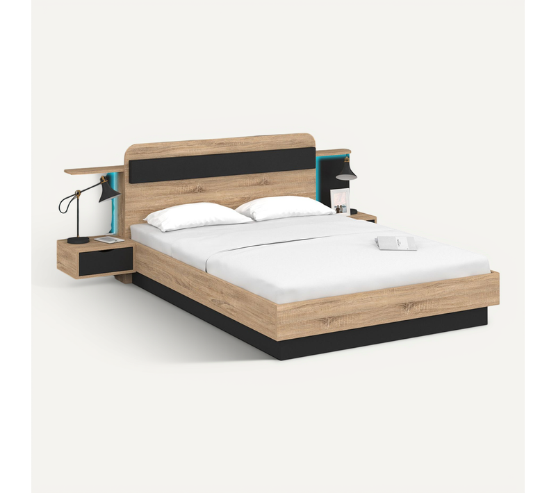 Lit Double Nathan 140 X 190 Cm Avec Tête De Lit, Chevets Suspendus, étagère, LED Et Sommier Bois Et