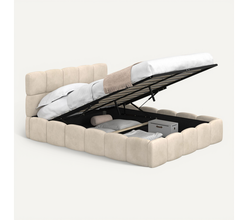 Lit Coffre Double Nuage Avec Tête De Lit Matelassée Et Sommier 140 X 190 Cm Velours Beige
