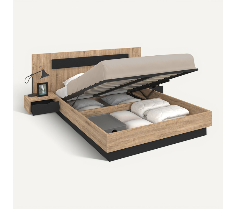 Lit Coffre Double Santa Avec Tête De Lit + Tables De Chevets Intégrées Et Sommier 140 X 190 Cm Bois