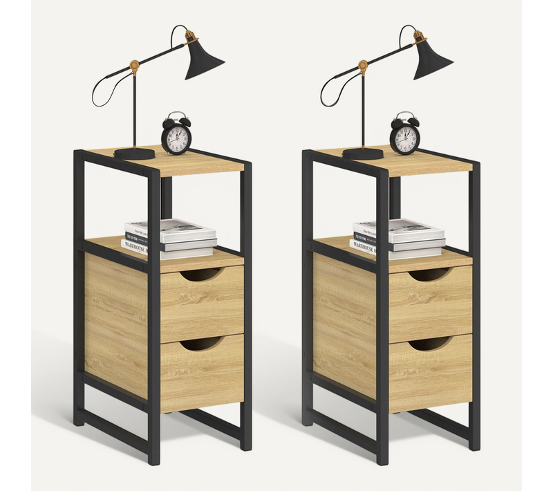 Lot De 2 Tables De Chevet Detroit 2 Tiroirs Et 1 Niche Bois Et Métal Noir Design Industriel