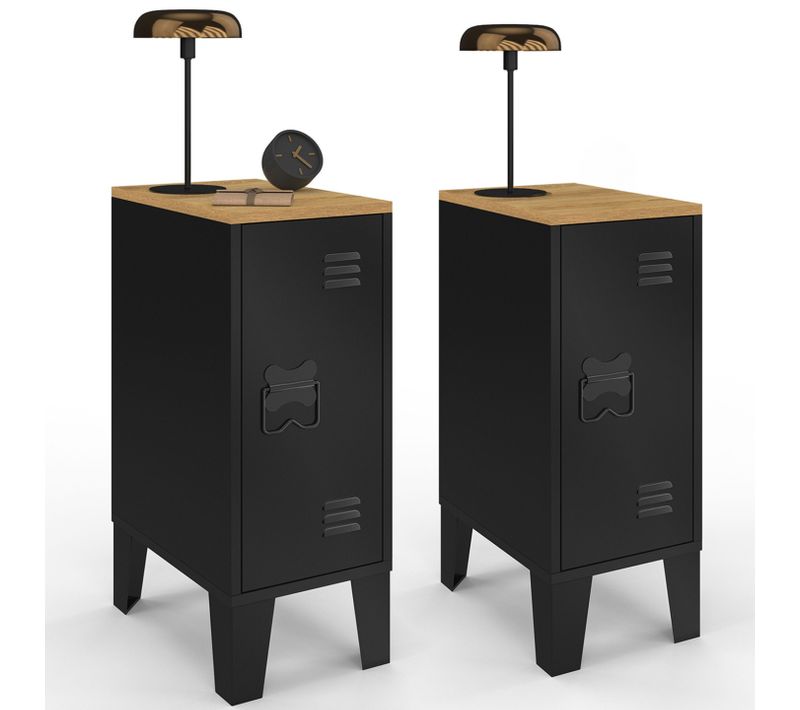 Lot De 2 Tables De Chevet Ester 1 Porte Métal Noir Plateau Façon Hêtre Design Industriel