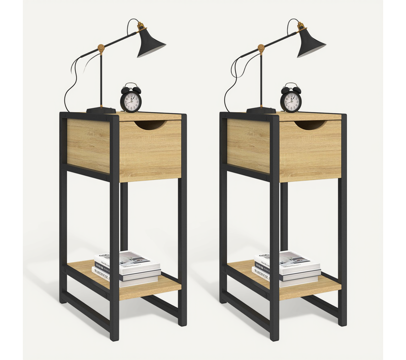 Lot De 2 Tables De Chevet Detroit 1 Tiroir Avec Tablette Gain De Place Bois Et Métal Noir Design Ind