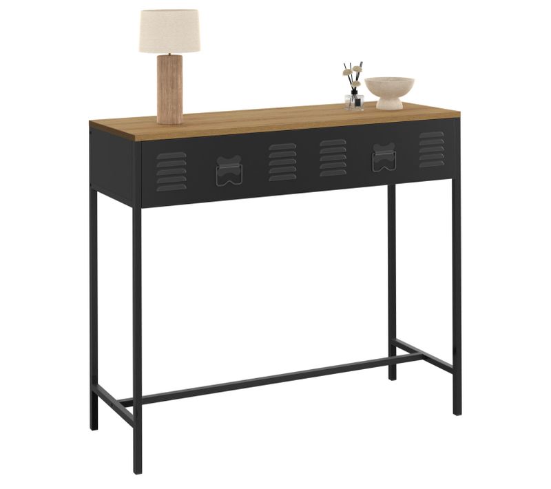 Console 1 Tiroir Ester Métal Noir Plateau Bois Design Industriel