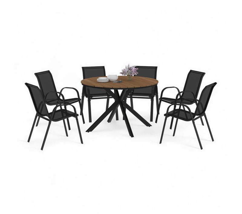 Salon De Jardin Messina Table Ronde 120 Cm Pied Araignée Plateau Métal Effet Bois Et 6 Chaises Empil