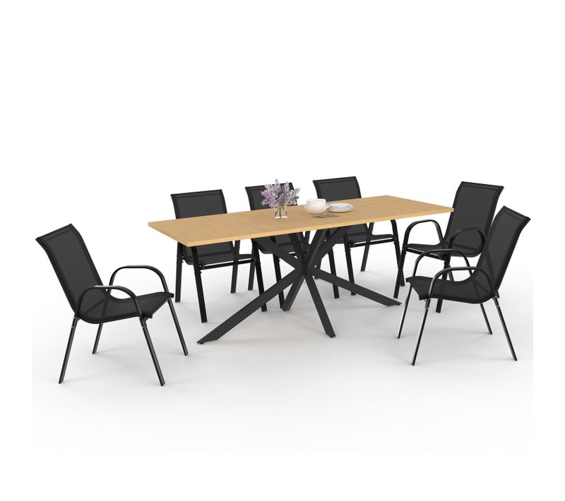Salon De Jardin Messina Table 190 Cm Pied Araignée Plateau Métal Effet Bois Et 8 Chaises Empilables