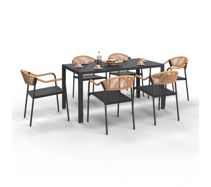 Salon De Jardin Madeira Table 150 Cm Et 6 Chaises Cordage Et Textilène Noir Et Rotin Clair