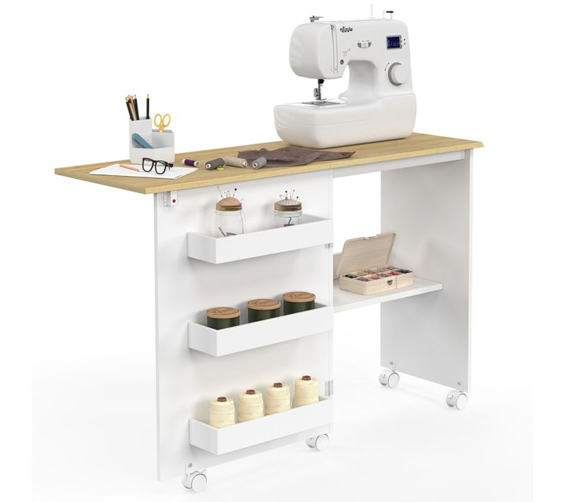 Table De Couture Pliable à Roulettes Meuble Pour Machine à Coudre Avec 4 Étagères