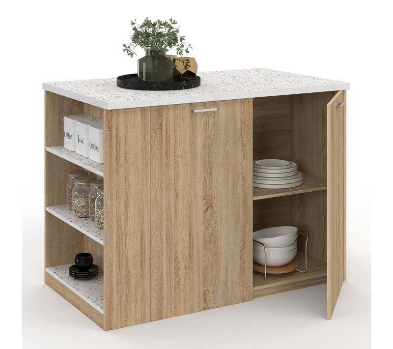 Ilot Central Tibo 120 Cm Bois Façon Hêtre Avec Plan De Travail Effet Terrazzo Simone