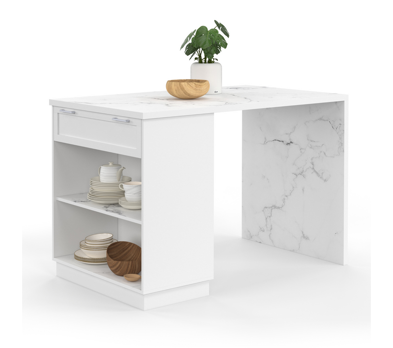 Ilot Central Mange-debout 4 Personnes Vito 130 Cm Blanc Et Plateau Marbre Alaska