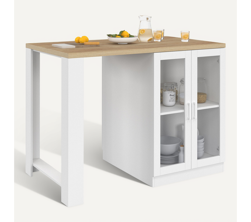 Ilot Central Lino 120 Cm 2 Personnes Bois Blanc Et Plan De Travail Façon Hêtre Et Portes Vitrées