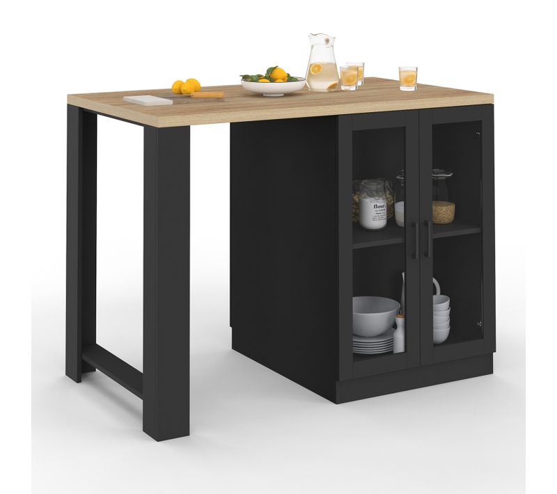 Ilot Central Lino 120 Cm 2 Personnes Bois Noir Avec Plan De Travail Façon Hêtre Et Portes Vitrées