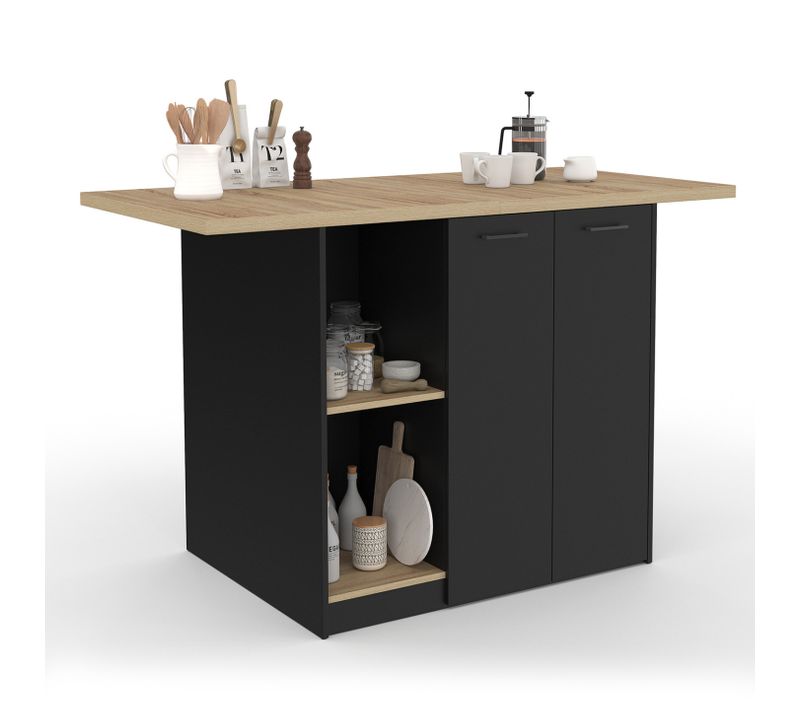 Ilot Central Bao 140 Cm 4 Personnes Bois Noir Avec Plan De Travail Façon Hêtre